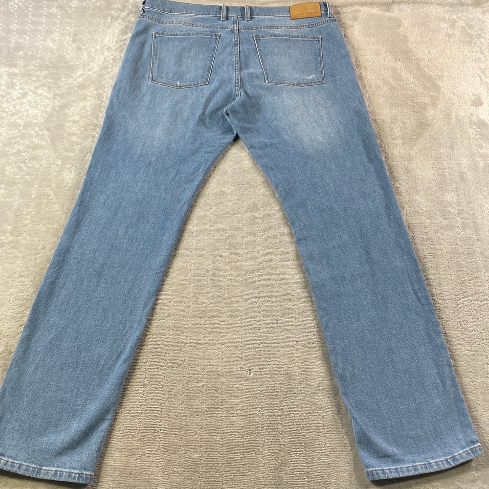 Mott Bow Jeans Slim Mens 38x32 Light Wash Distressed Casual Denim Whiskers - Picture 9 of 10